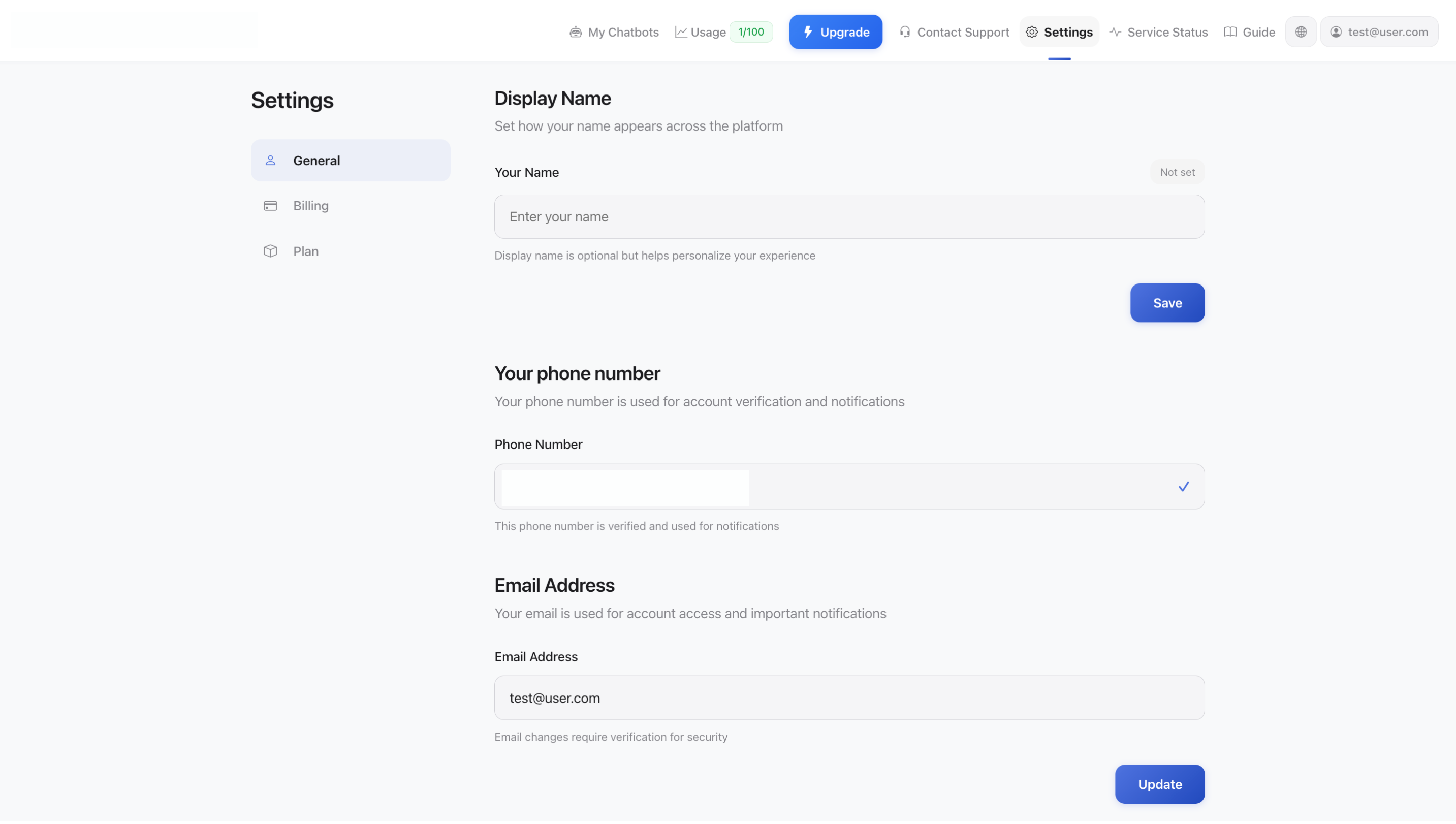 Tilin asetukset - Yleiset